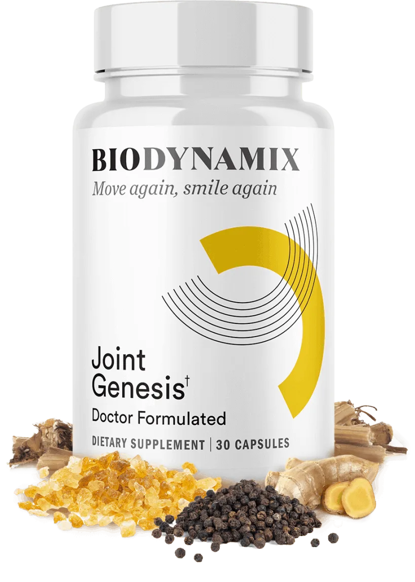 Joint Genesis supplement bottle by BioDynamix displayed with raw botanicals including Boswellia resin, black pepper and ginger root